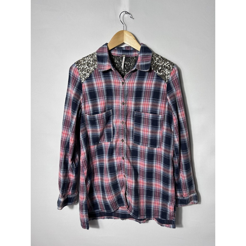 Free People Shirt Womens Small Blue Plaid Sequin Yoke Flannel Tunic Button Up